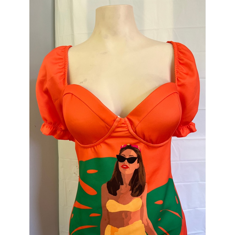 Orange Tropical Graphic Bustier Mini Dress Puff Sleeve Sweetheart Neck Bodycon - Picture 4 of 8